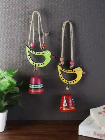 Yellow Green Sparrow Wall Decorative Bells Wind Chime Set from Tinkle Bells Collection - Set of Two
