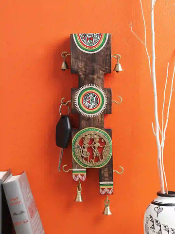 Hand Painted Mango Wood Dhokra Key Hook Panel with Brass Work