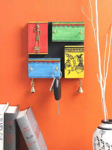 Dhokra Multicolored Wooden Key Holder with Four Hooks