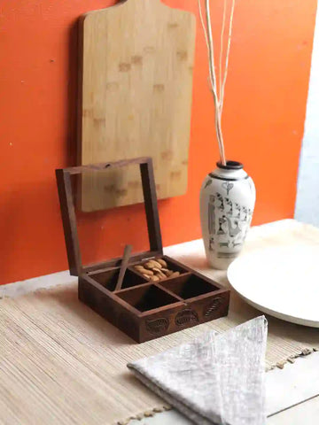 Leaf Carved Wooden Spices or Dry Fruits Serving Box