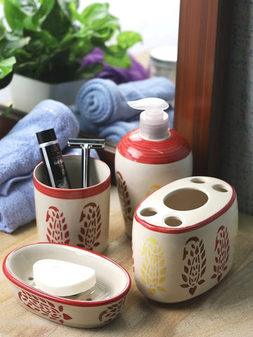 Red Paisley Ceramic 4 piece Bathroom Accessories Set