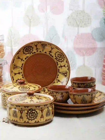 Brown Warli Ceramic 12 Pieces Dinner Set