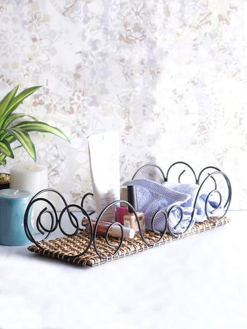 Handmade bamboo basket to organizer for bathroom countertop with metal handles
