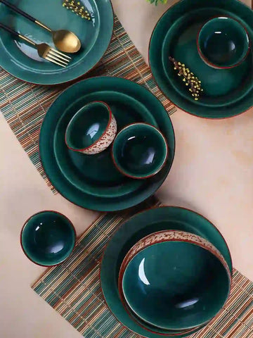 Green Brown Ceramic 10 Pieces Dinner Set