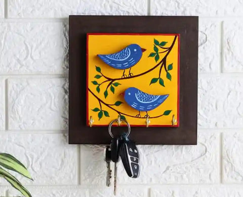 Hand Painted Blue Bird Yellow Wooden Square Key Holder with Four Pegs - Neel Collection