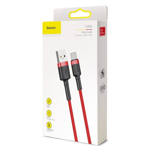 Kabel Baseus Cafule 2A USB-A für USB-C 3m, Rot-Rot