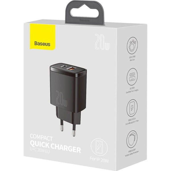 Wandladegerät Baseus Compact Quick Charger PD QC 3.0 20W, Schwarz