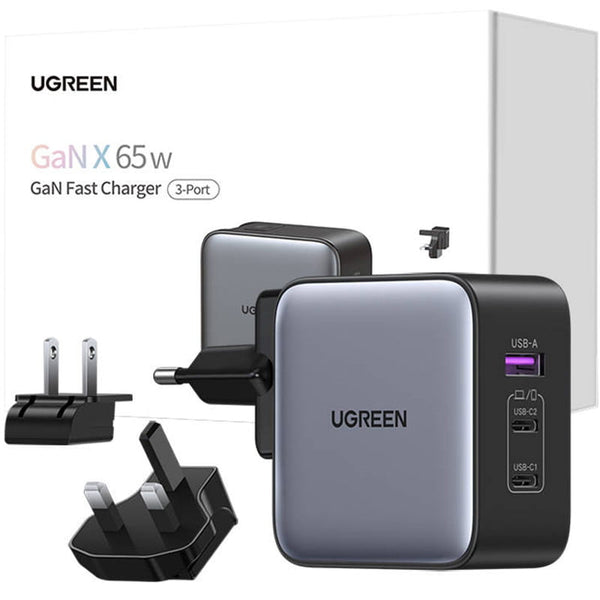 Ladegerät Ugreen Nexode CD296 GaN 65W, 2x USB-C / 1x USB-A, QC/PD/PPS, Schwarz