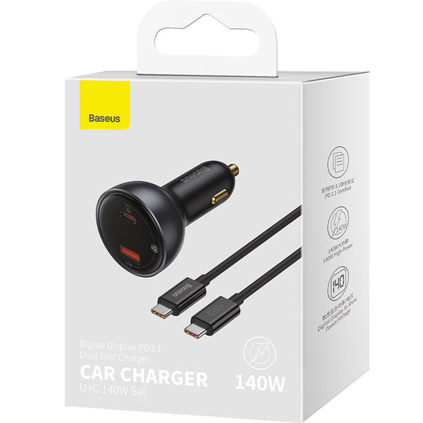 Autoladegerät Baseus Digital Display 140W, USB-A, USB-C + Kabel USB-C 5A 240W, Schwarz