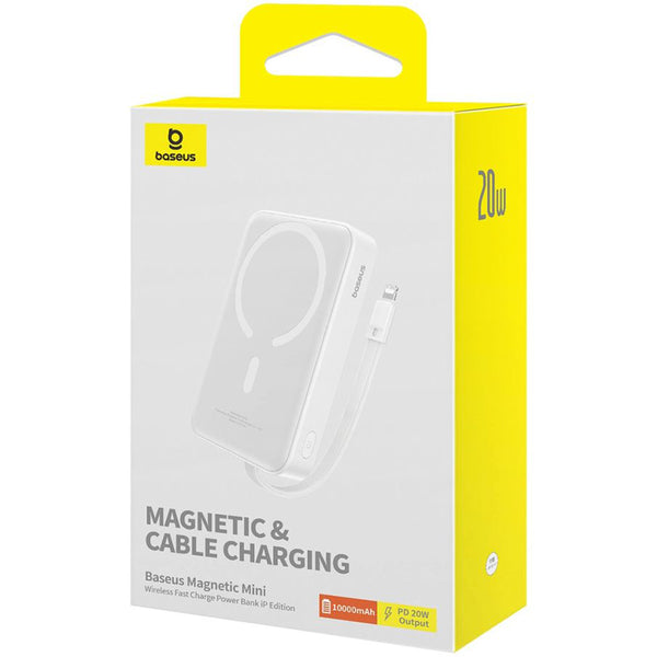 Baseus Magnetic Mini Induktive Qi-Powerbank mit integriertem Lightning-Kabel, für MagSafe, USB-C, 10 000 mAh 20W + Kabel, Weiß