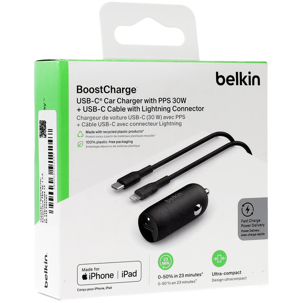 Autoladegerät Belkin Boost Car PD3.0 PPS 3A USB-C 30W + Kabel Lightning 1m, Schwarz