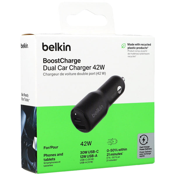 Autoladegerät Belkin Boost Car PD3.0 PPS 3A USB-C USB-A 30W+12W, Schwarz