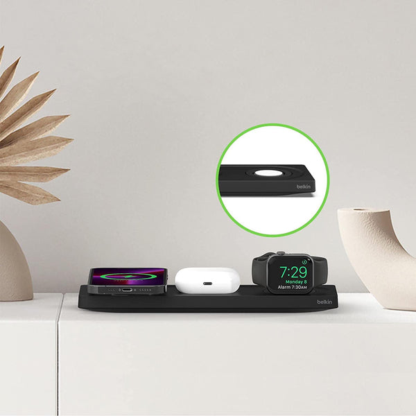 Drahtloses Ladegerät Belkin Boost Pro 3in1 Qi +Netzladegerät für Apple AirPods / Watch / iPhone mit MagSafe, Schwarz