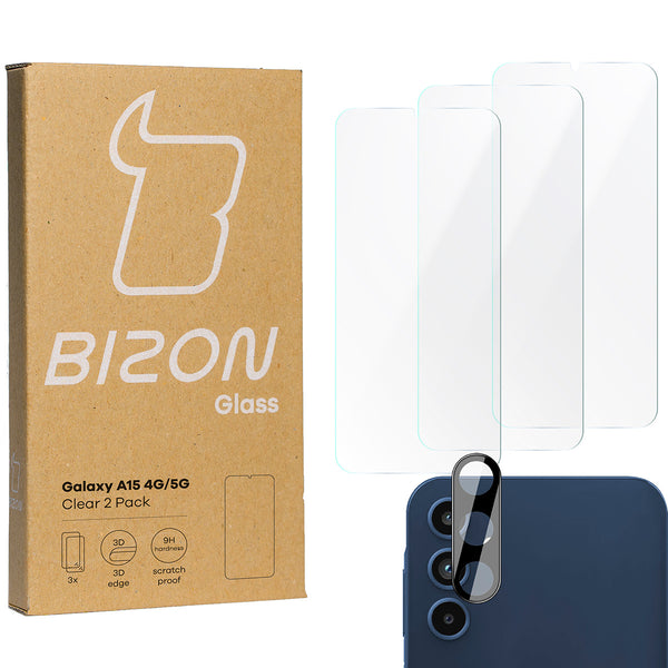Gehärtetes Glas - 3 Stück + Kameraschutz für Galaxy A15 4G/5G, Bizon Glass Clear 2 Pack
