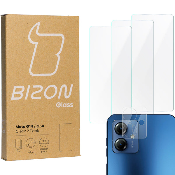 Gehärtetes Glas Bizon Glass Clear 2 Pack - 3 Stück + Kameraschutz, Motorola Moto G14 / G54