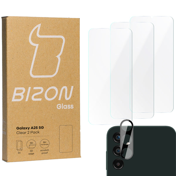 Gehärtetes Glas - 3 Stück + Kameraschutz für Galaxy A25 5G, Bizon Glass Clear 2 Pack