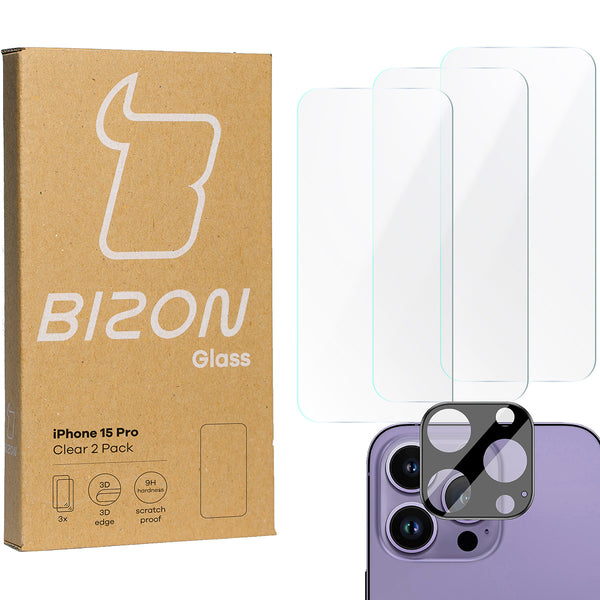 Gehärtetes Glas Bizon Glass Clear 2 Pack - 3 Stück + Kameraschutz, iPhone 15 Pro
