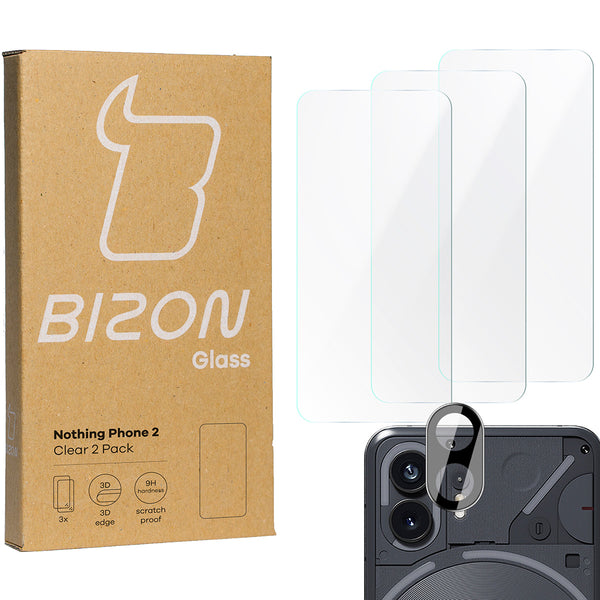 Gehärtetes Glas Bizon Glass Clear 2 Pack - 3 Stück + Kameraschutz, Nothing Phone 2