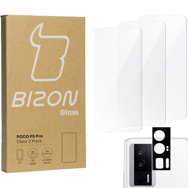 Gehärtetes Glas Bizon Glass Clear 2 Pack - 3 Stück + Kameraschutz, Xiaomi Poco F5 Pro