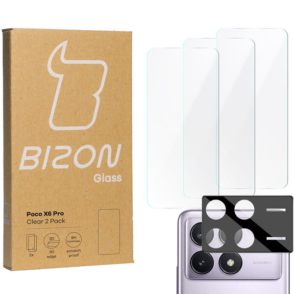 Gehärtetes Glas - 3 Stück + Kameraschutz für Xiaomi Poco X6 Pro, Bizon Glass Clear 2 Pack