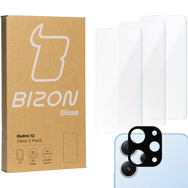 Gehärtetes Glas Bizon Glass Clear 2 Pack - 3 Stück + Kameraschutz, Xiaomi Redmi 12