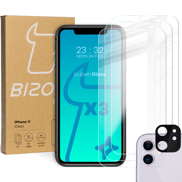 Gehärtetes Glas Bizon Glass Clear - 3 Stück + Kameraschutz für iPhone 11