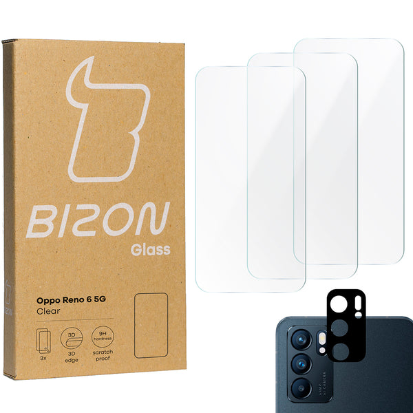 Gehärtetes Glas Bizon Glass Clear - 3 Stück + Kameraschutz, Oppo Reno 6 5G