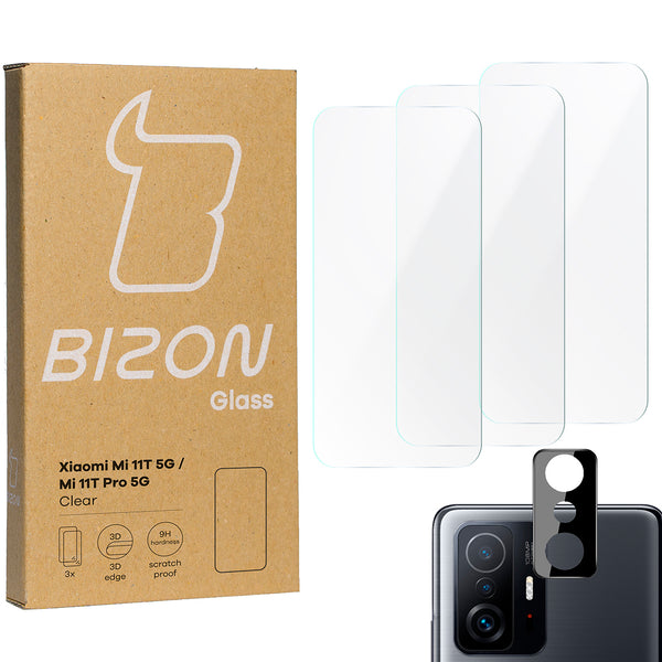 Gehärtetes Glas Bizon Glass Clear - 3 Stück + Kameraschutz, Xiaomi 11T 5G / 11T Pro 5G