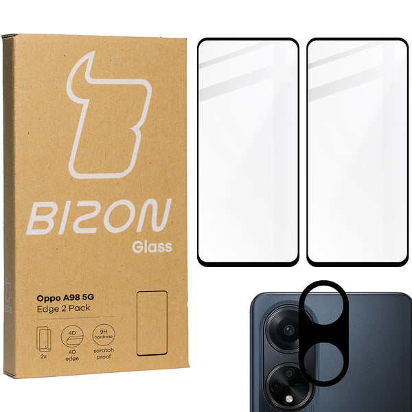 Gehärtetes Glas Bizon Glass Edge 2 Pack - 2 Stück + Kameraschutz für Oppo A98 5G, Schwarz