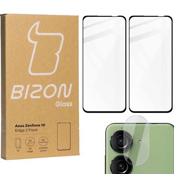 Gehärtetes Glas Bizon Glass Edge 2 Pack - 2 Stück + Kameraschutz für Asus Zenfone 10, Schwarz