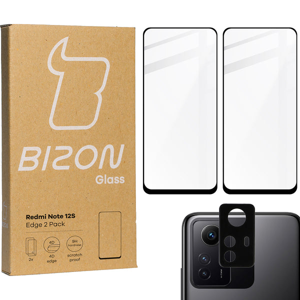 Gehärtetes Glas Bizon Glass Edge 2 Pack - 2 Stück + Kameraschutz für Redmi Note 12S, Schwarz