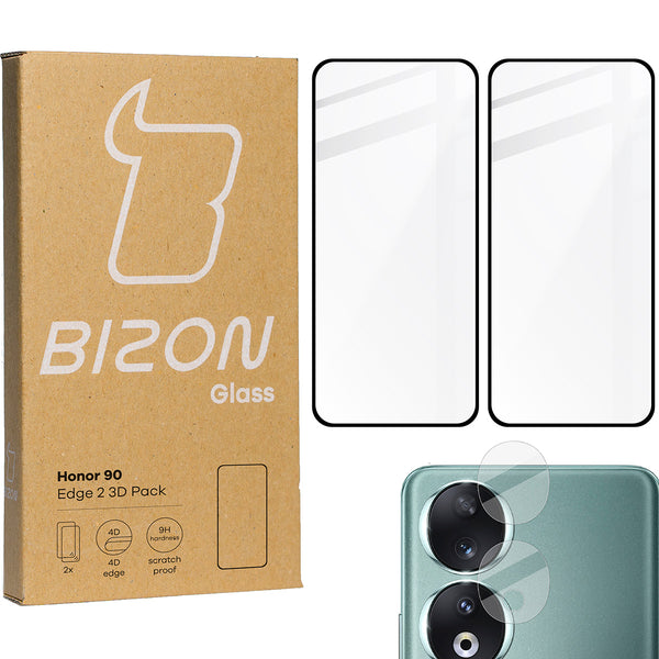 Gehärtetes Glas Bizon Glass Edge 3D - 2 Stück + Kameraschutz für Honor 90, Schwarz