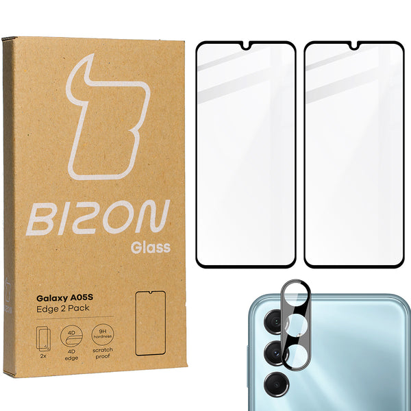 Gehärtetes Glas 2 Stück + Kameraschutz für Galaxy A05s, Bizon Glass Edge 2 Pack, Schwarz