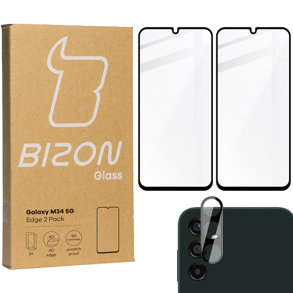 Gehärtetes Glas Bizon Glass Edge 2 Pack - 2 Stück + Kameraschutz für Galaxy M34 5G, Schwarz