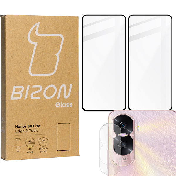 Gehärtetes Glas Bizon Glass Edge 2 Pack - 2 Stück + Kameraschutz für Honor 90 Lite, Schwarz