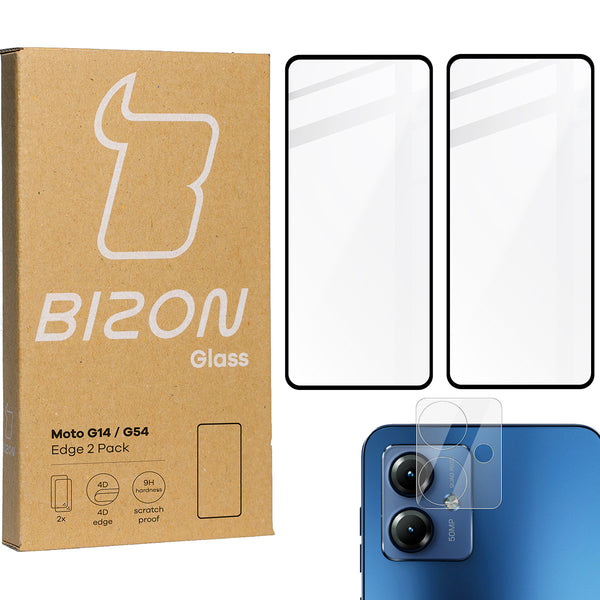 Gehärtetes Glas Bizon Glass Edge 2 Pack - 2 Stück + Kameraschutz für Motorola Moto G14 / G54, Schwarz