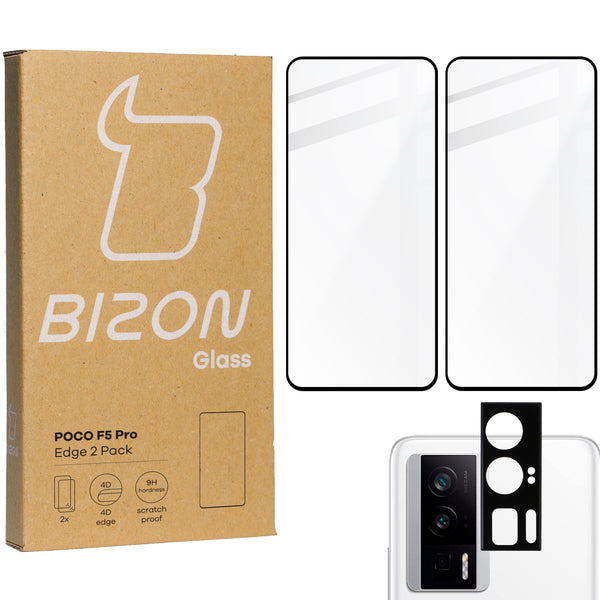 Gehärtetes Glas Bizon Glass Edge 2 Pack - 2 Stück + Kameraschutz für Xiaomi Poco F5 Pro, Schwarz