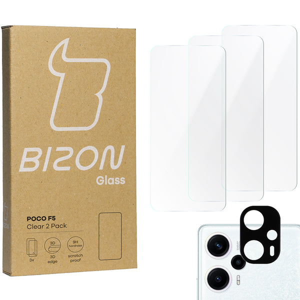 Gehärtetes Glas Bizon Glass Clear 2 Pack - 3 Stück + Kameraschutz, Xiaomi Poco F5