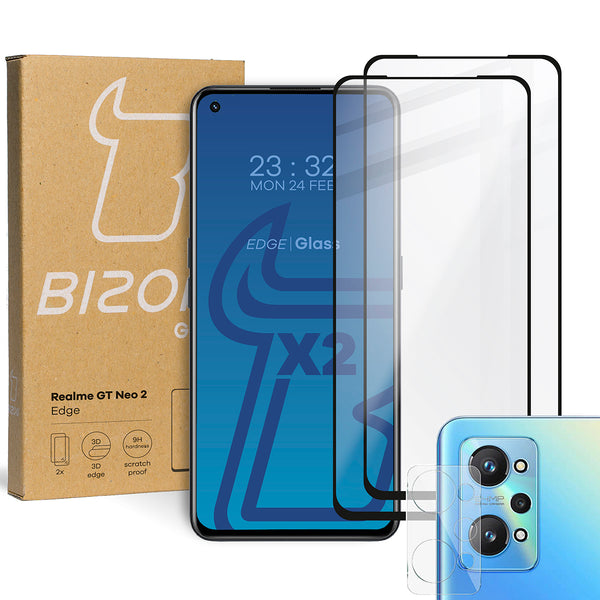 Gehärtetes Glas Bizon Glass Edge - 2 Stück + Kameraschutz für Realme GT Neo 2/ Realme GT Neo 3T, Schwarz