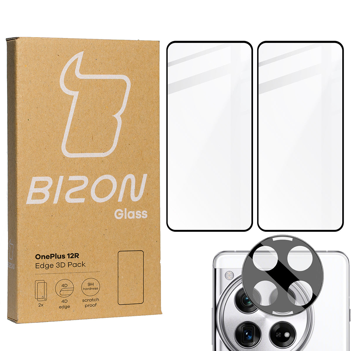 Gehärtetes Glas - 2 Stück + Kameraschutz für OnePlus 12R, Bizon Glass Edge 3D, Schwarz