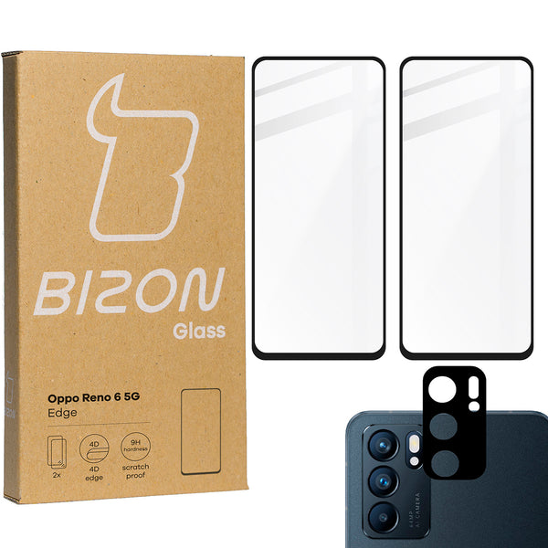 Gehärtetes Glas Bizon Glass Edge - 2 Stück + Kameraschutz für Oppo Reno 6 5G, Schwarz