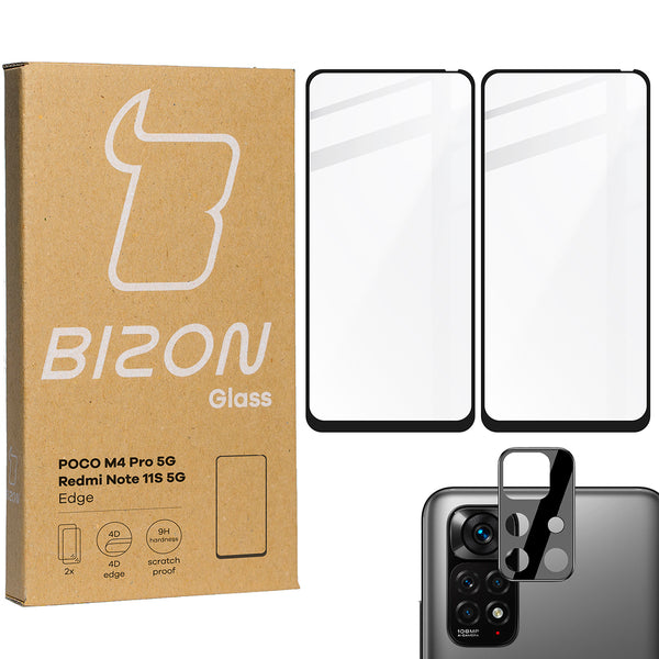 Gehärtetes Glas Bizon Glass Edge - 2 Stück + Kameraschutz, Xiaomi Poco M4 Pro 5G, Schwarz