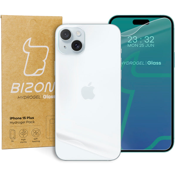 Hydrogel Folie für Display und Rückseite Bizon Glass Hydrogel Pack, iPhone 15 Plus, 2 Stück