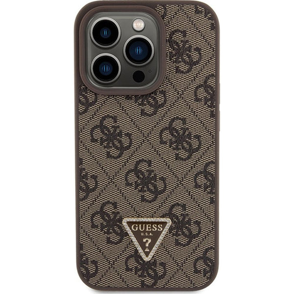 Schutzhülle Guess HardCase Leather 4G Triangle Strass für Apple iPhone 15 Pro, Braun