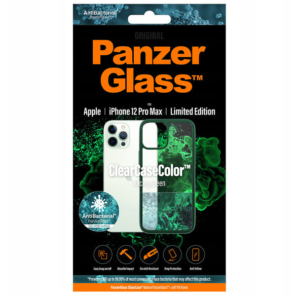 Antibakterielle Schutzhülle PanzerGlass ClearCaseColor für iPhone 12 Pro Max, Transparent mit grünem Rand