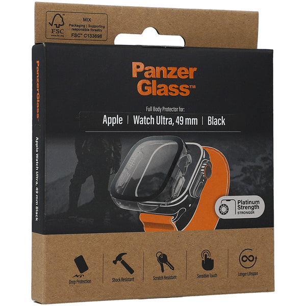 Antibakterielles Glas + Schutzhülle Panzerglass Full Body für Apple Watch Ultra, 49mm, Schwarzer Rahmen