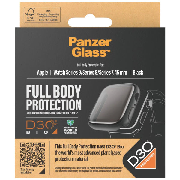 Hülle mit integriertem gehärtetem Glas PanzerGlass Full Body Protection für Apple Watch 9/8/7 45 mm, Schwarz