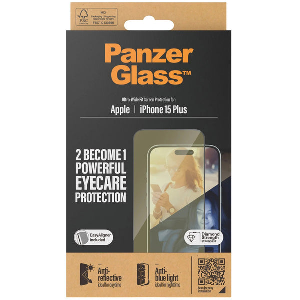 Gehärtetes Glas für das gesamte Display PanzerGlass Ultra-Wide Fit EyeCare Protection + EasyAligner für iPhone 15 Plus, schwarzer Rahmen