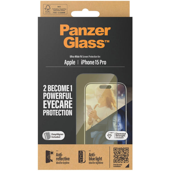 Gehärtetes Glas für das gesamte Display PanzerGlass Ultra-Wide Fit EyeCare Protection + EasyAligner für iPhone 15 Pro, schwarzer Rahmen