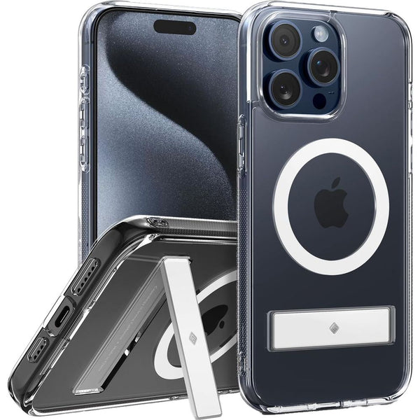 Schutzhülle für iPhone 15 Pro, Spigen Caseology Capella Mag Kickstand mit MagSafe, Transparent-Weiß